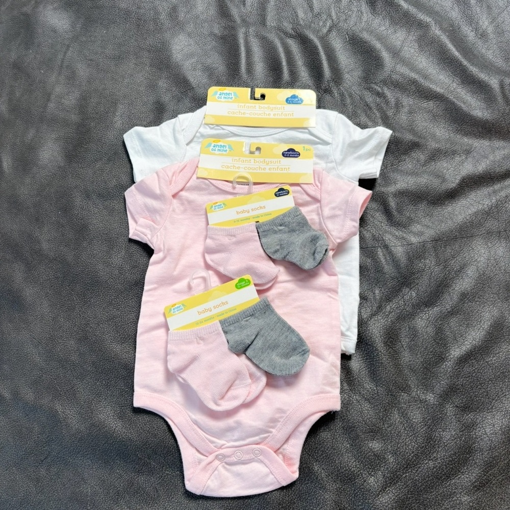 Pink and White Baby One Piece Set with Socks X2 sets